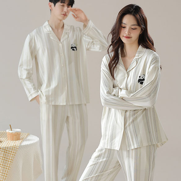Pure cotton couple pajamas women's spring and autumn men's home suit set - TrendTrove