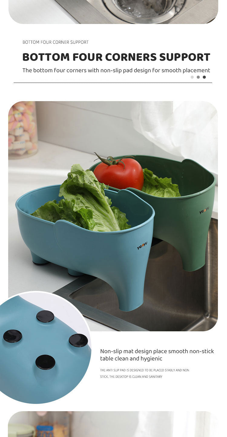 سلة تصريف على شكل فيل، سلة تصريف متعددة الأغراض لتخزين المطبخ، سلة فواكه وخضراوات منزلية، سلة تصريف بلاستيكية