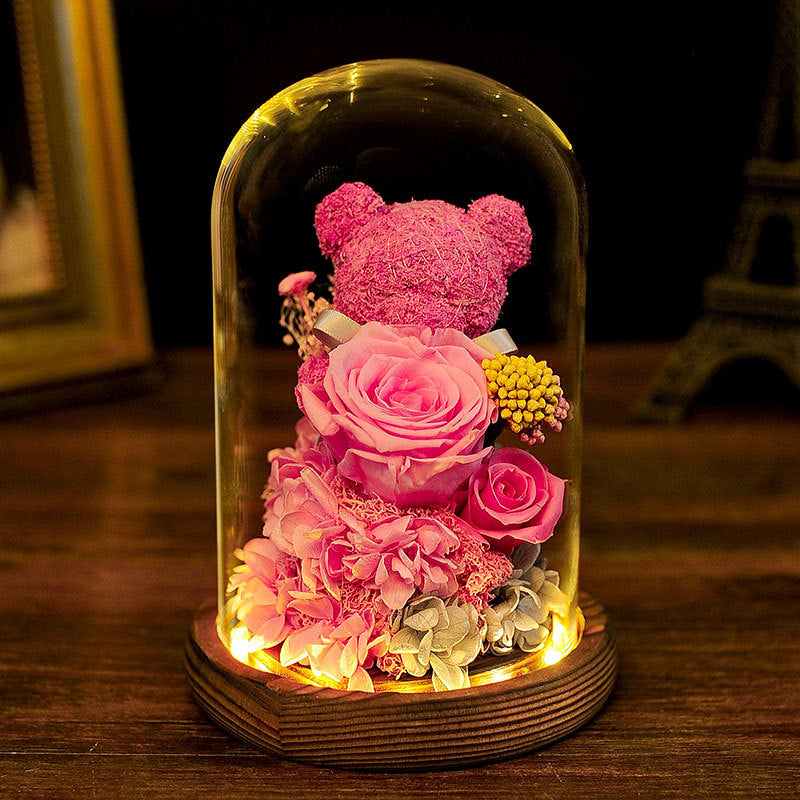 Valentine's Day Gift Everlasting Flower Bear Moss Glass Cover Finished Gift Box for Girlfriend Birthday Ornament Dried Flowers Roses - TrendTrove