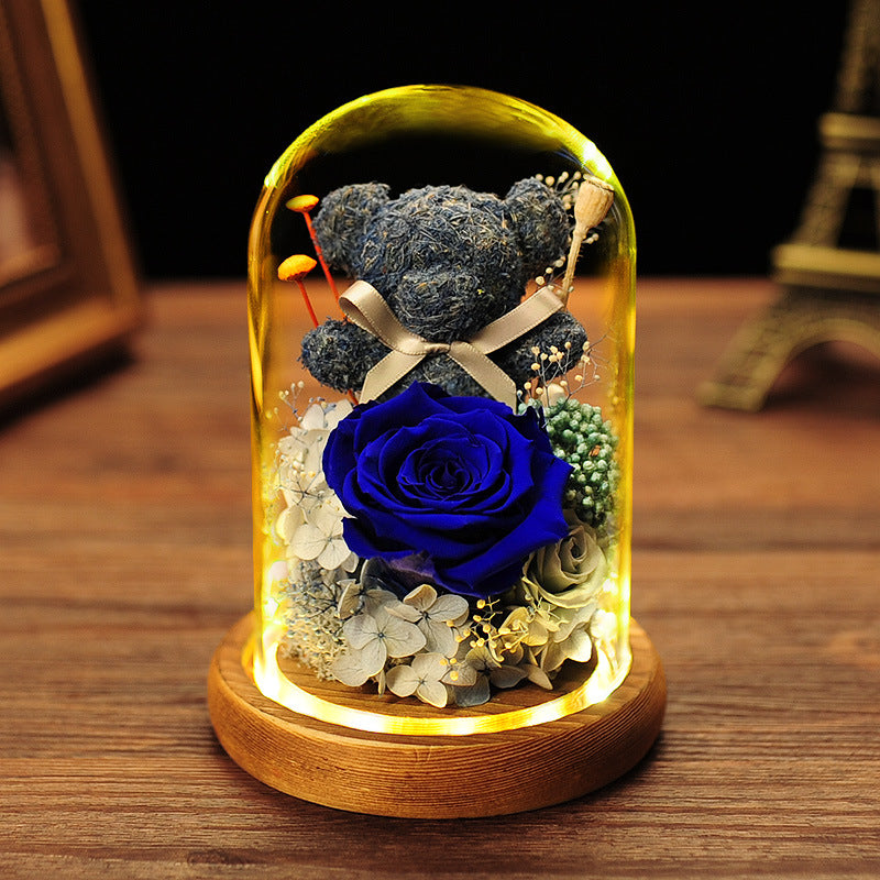 Valentine's Day Gift Everlasting Flower Bear Moss Glass Cover Finished Gift Box for Girlfriend Birthday Ornament Dried Flowers Roses - TrendTrove