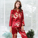 Simulated silk couple sleepwear new long sleeved set men's and women's V-neck silk printed dragon and phoenix home clothes - TrendTrove
