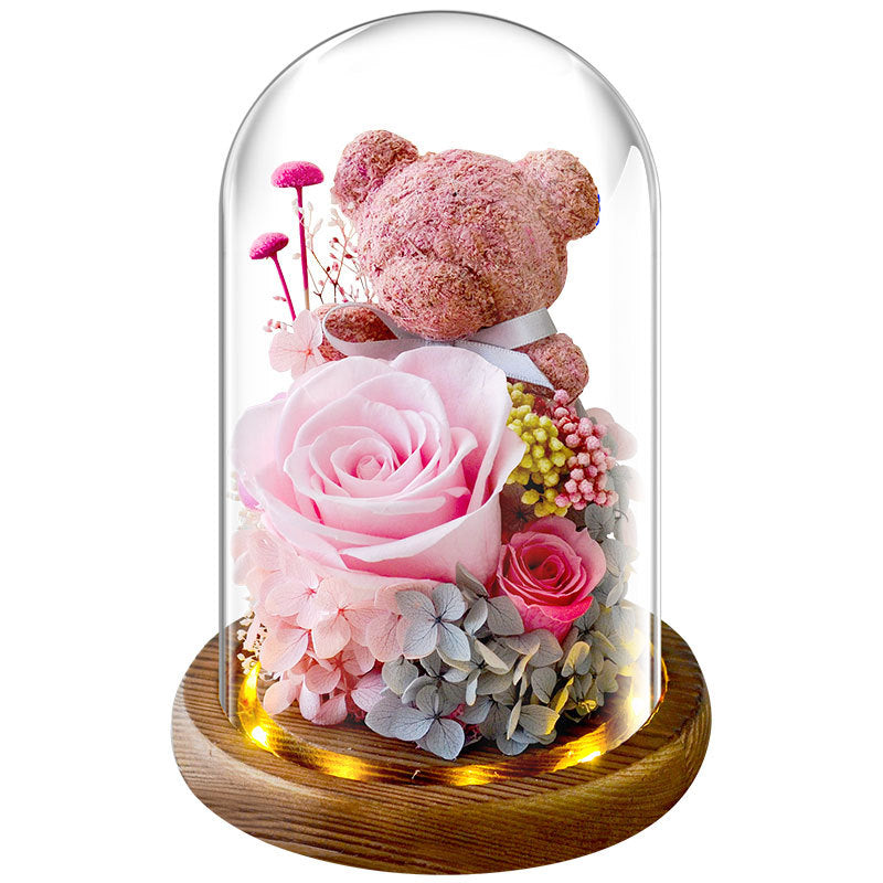Valentine's Day Gift Everlasting Flower Bear Moss Glass Cover Finished Gift Box for Girlfriend Birthday Ornament Dried Flowers Roses - TrendTrove