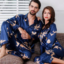 Simulated silk couple sleepwear new long sleeved set men's and women's V-neck silk printed dragon and phoenix home clothes - TrendTrove