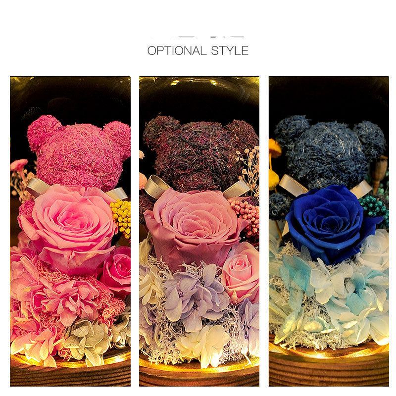 Valentine's Day Gift Everlasting Flower Bear Moss Glass Cover Finished Gift Box for Girlfriend Birthday Ornament Dried Flowers Roses - TrendTrove