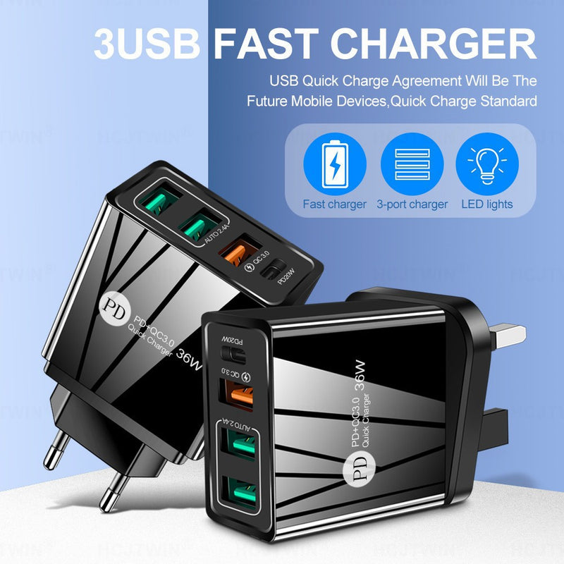 36W PD20W+QC3.0 2.4A dual USB fast charging mobile phone charger 2USB with PD charging head travel charger - TrendTrove