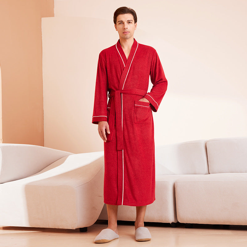 Bathrobe men's and women's towel fabric yukata long sleeved bath towel sleeping robe absorbent quick drying four season style - TrendTrove