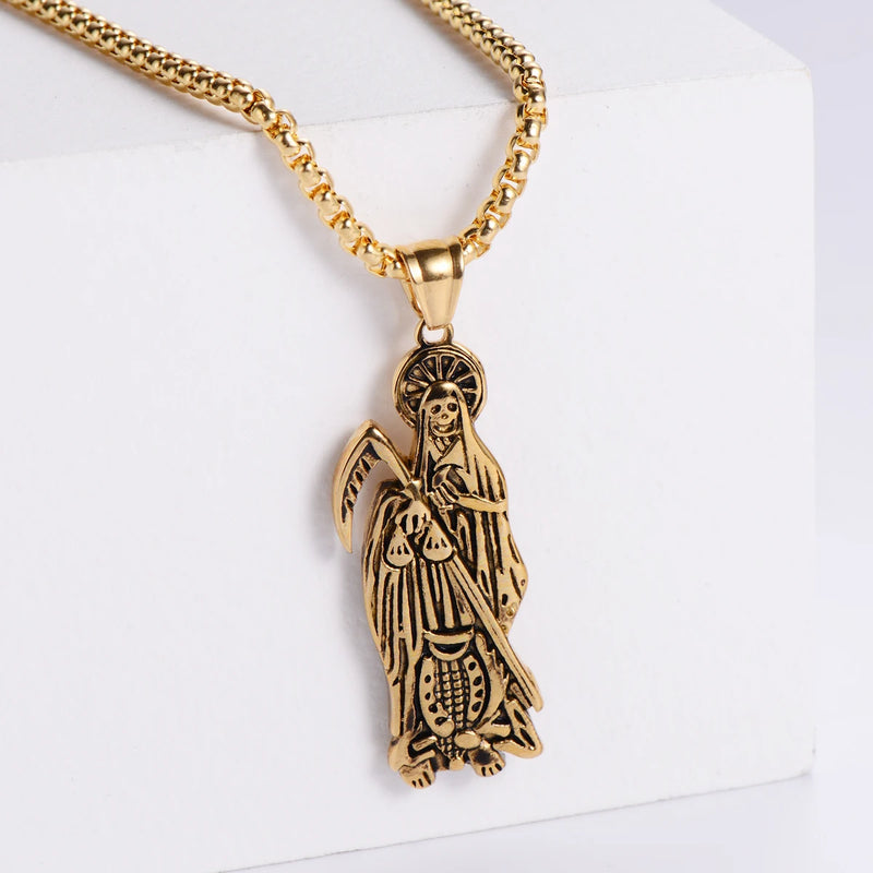Hip Hop Vintage Golden Holy Saint Death Santa Muerte Skull Biker Pendant Necklace Stainless Steel Men Women Religious Jewelry