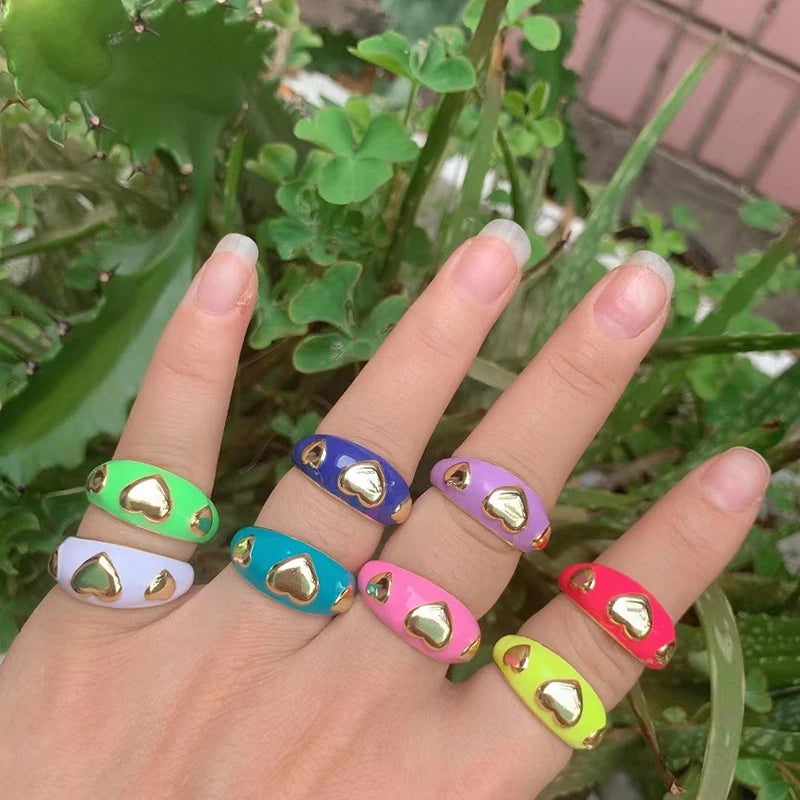 Heart Enamel Ring, Neon Pink Orange Turquoise Blue Pendant Oil Dropped, Sweet Romantic Party Jewelry Wholesale P33