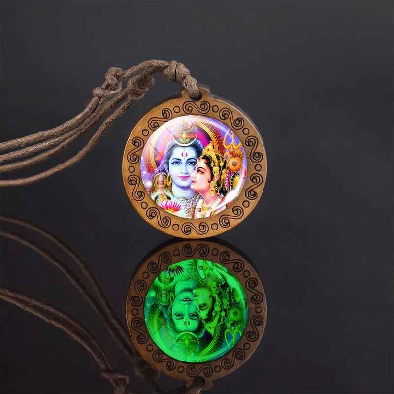 Glow In The Dark Buddha Necklace Indian Jewelry Hinduism God Brahma Vishnu Shiva Art Picture Wooden Pendant Necklace