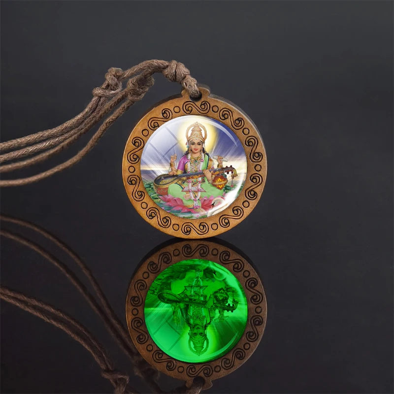 Glow In The Dark Buddha Necklace Indian Jewelry Hinduism God Brahma Vishnu Shiva Art Picture Wooden Pendant Necklace