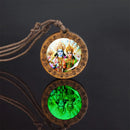 Glow In The Dark Buddha Necklace Indian Jewelry Hinduism God Brahma Vishnu Shiva Art Picture Wooden Pendant Necklace