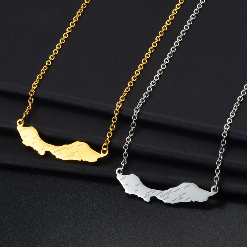Anniyo 4CM Curacao Map & Village Name Pendant Chain Necklaces Charm Stainless Steel Gold Color Silver Color Jewellery @230421