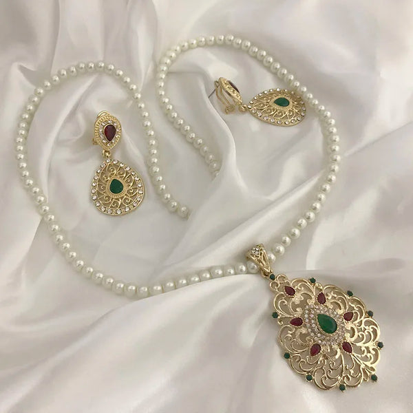 Moroccan water-drop golden color pendent caftan pearl long chain necklace earring and necklace for morocco women jewelry