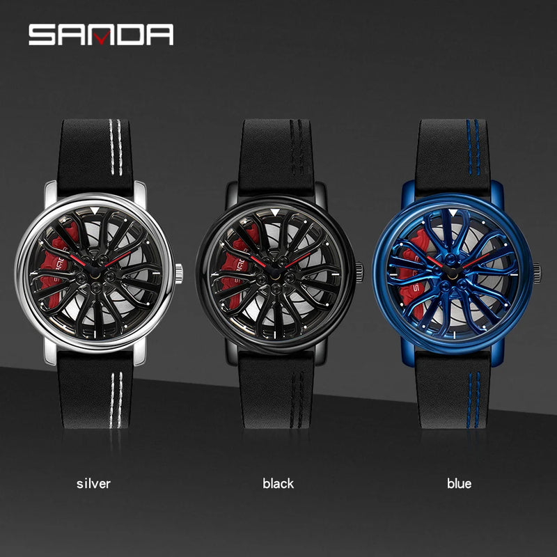 Hot Sell Fashion Men Quartz WristWatch Creative 360 Degree Rotating Car Wheel Quartz Watch Leather Waterproof Rim Hub Clock Men