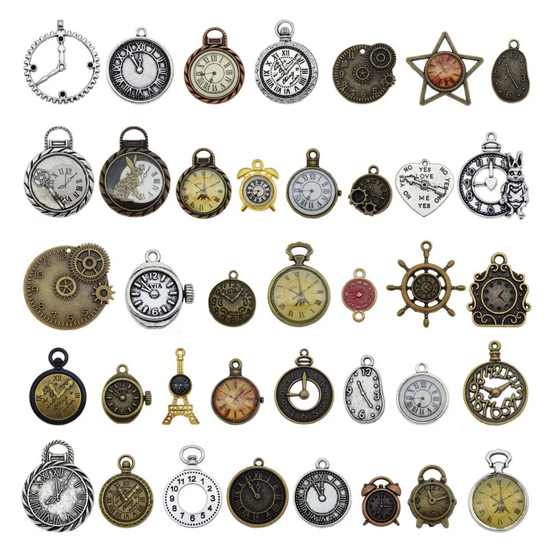 Julie Wang 20PCS Alloy Clock Watch Face Charm Steampunk Bracelet Necklace Pendant Bronze Silver Color Jewelry Making Accessory