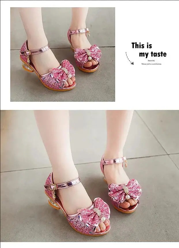 Girls Sandals Summer 2021  New Children's Princess Shoes Little Girls High-heeled Bow-knot Crystal Sandals Party Dress Wedding