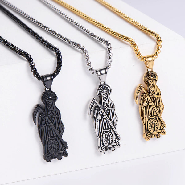 Hip Hop Vintage Golden Holy Saint Death Santa Muerte Skull Biker Pendant Necklace Stainless Steel Men Women Religious Jewelry
