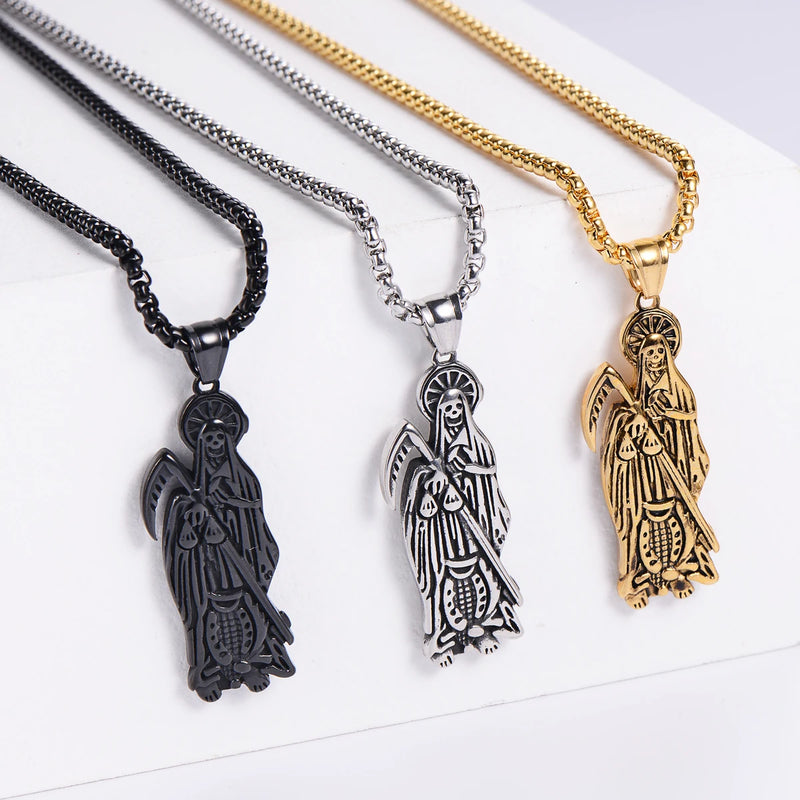 Hip Hop Vintage Golden Holy Saint Death Santa Muerte Skull Biker Pendant Necklace Stainless Steel Men Women Religious Jewelry