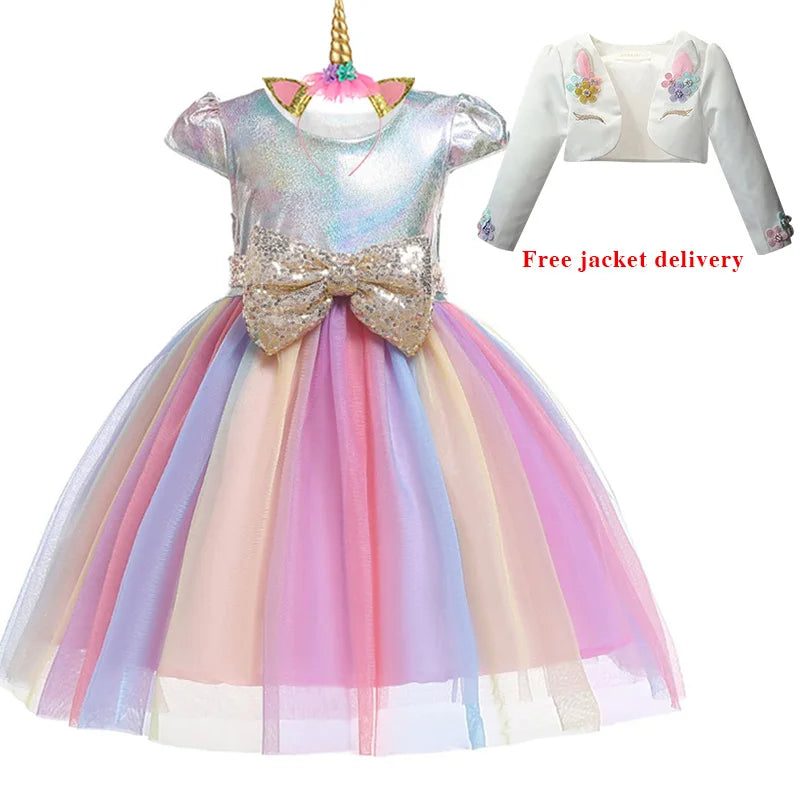 New 3pcs Baby Girls Dress Pastel Rainbow Princess For Summer Birthday Party Dress Unicorn Cosplay Perform Children Costume
