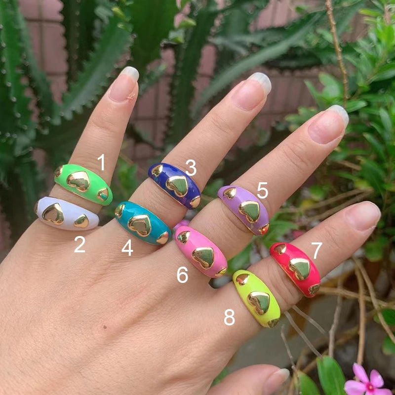 Heart Enamel Ring, Neon Pink Orange Turquoise Blue Pendant Oil Dropped, Sweet Romantic Party Jewelry Wholesale P33