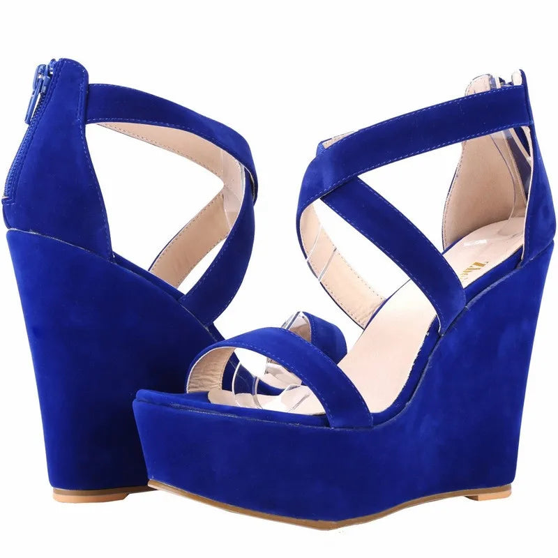 Fashion Platform Female Wedge Sandals 2025 Open Toe Back Zipper High Heels Shoes Hollow Flock Red Yellow Women Party Dress Pumps