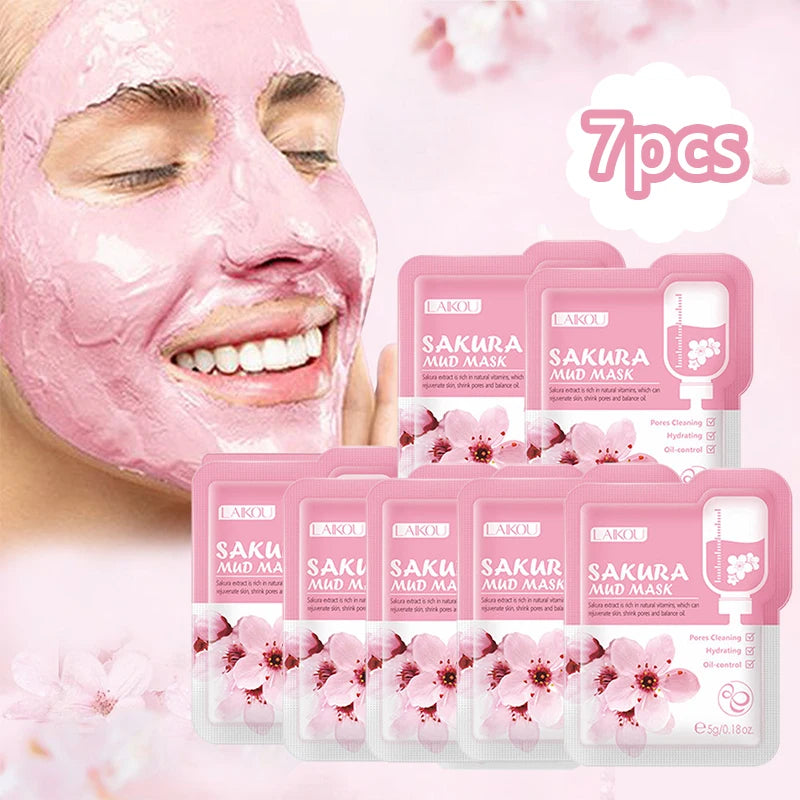 Mascarilla facial de barro Sakura japonesa (7 unidades), limpieza profunda, elimina puntos negros, control de grasa, mascarilla de arcilla, hidratante, cuidado facial.