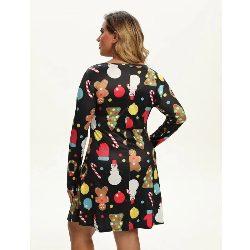 Christmas Mini Dresses For Women Fashion Christmas Trees Print Long Sleeve Loose Dress 2022 New Year Autumn Ladies Party Dress