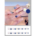 24Pc Fake nails with diamond black star and moon pattern design Wearable Short Round/Square Head False Nails Full Cover Nail Tip