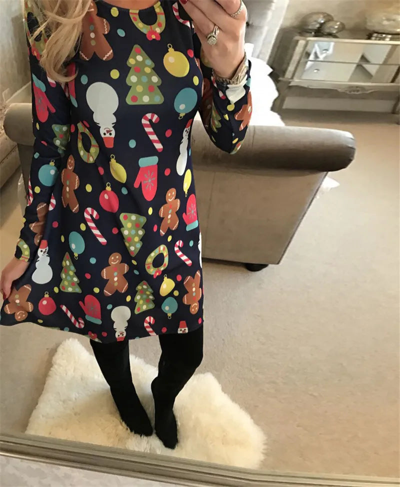 Christmas Mini Dresses For Women Fashion Christmas Trees Print Long Sleeve Loose Dress 2022 New Year Autumn Ladies Party Dress