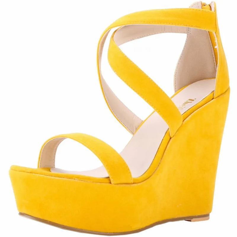 Fashion Platform Female Wedge Sandals 2025 Open Toe Back Zipper High Heels Shoes Hollow Flock Red Yellow Women Party Dress Pumps