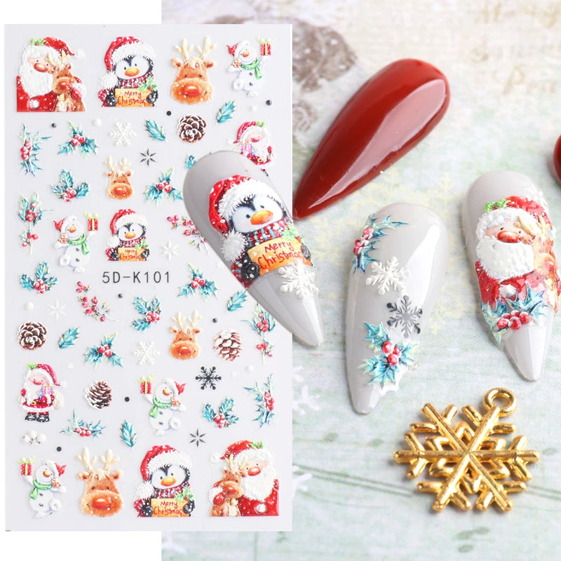 5D Nail Sticker Christmas Nail Art Snow Bird Gingerbread Man Design Santa Cartoon Sliders Winter White Decals Wrap FB5DK098-103