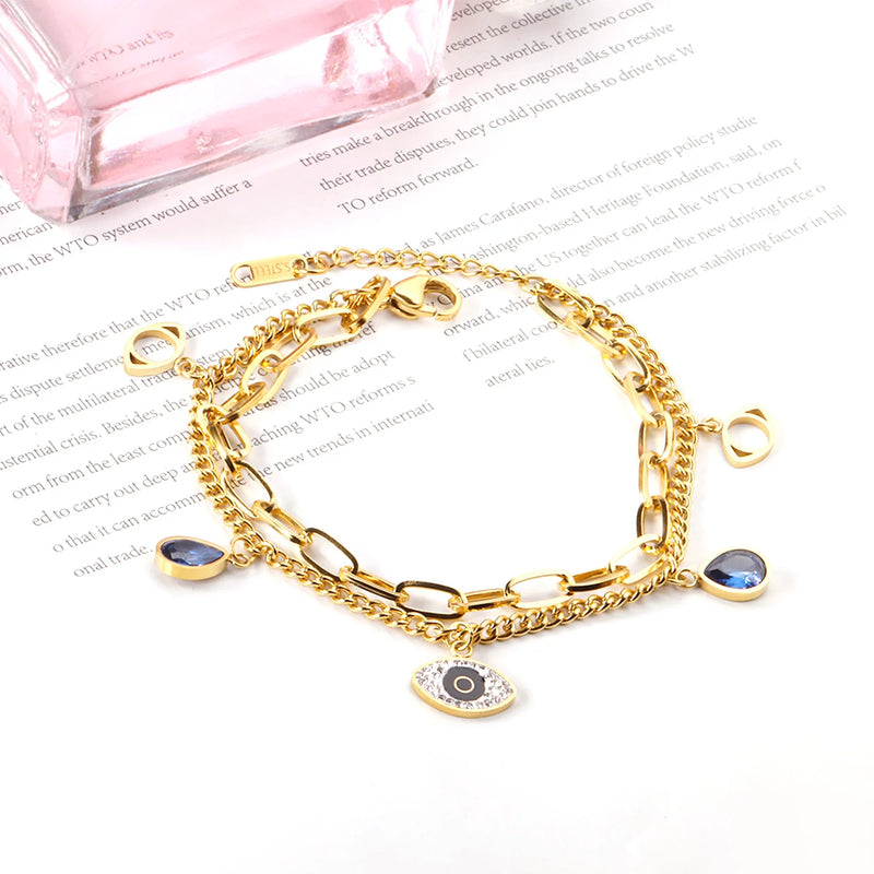 LUXUSTEEL Stainless Steel Blue Evil Eye Crystal Pendants Bracelet for Women Cuban Link Chain Bracelet Bling Fashion Jewelry Gift