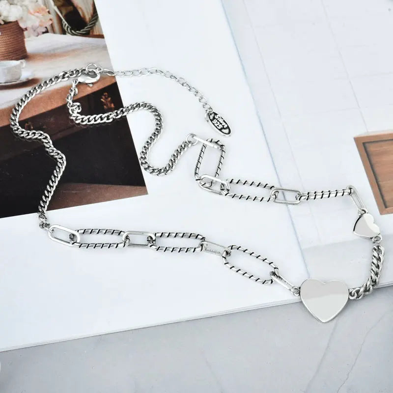 BFCLUB Silver Color Necklace Ladies Heart Shape Chain Necklace Fashion Sterling Silver Jewelry Round Necklace