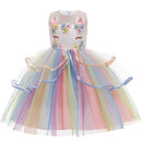 New 3pcs Baby Girls Dress Pastel Rainbow Princess For Summer Birthday Party Dress Unicorn Cosplay Perform Children Costume