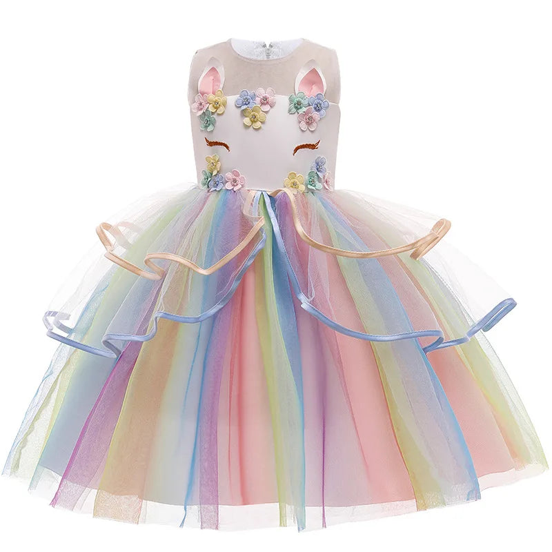 New 3pcs Baby Girls Dress Pastel Rainbow Princess For Summer Birthday Party Dress Unicorn Cosplay Perform Children Costume