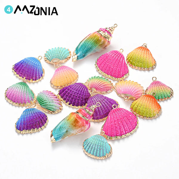 Gold Plated Threaded Seashells Natural Striated Colorful Shell For Jewelry Pendant Making DIY Earring Charms Accessories 3-10pcs