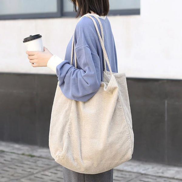 Women Vintage Corduroy Shoulder Bag Large Capacity Female Big Tote Handbag Folding Reusable Shopping Bags Fashion Cloth Purse