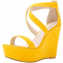 Fashion Platform Female Wedge Sandals 2025 Open Toe Back Zipper High Heels Shoes Hollow Flock Red Yellow Women Party Dress Pumps