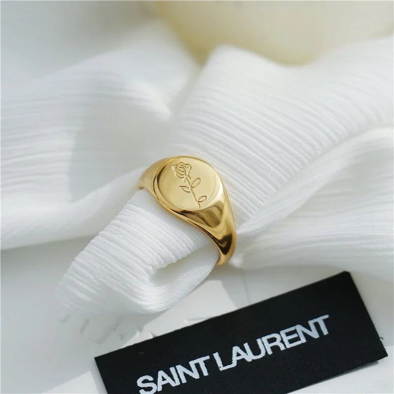 Gold-plated Engrave Rosette Rings Stainless Steel Fashion Personality 18k Gold European Christmas Simple Rings Jewelry Women