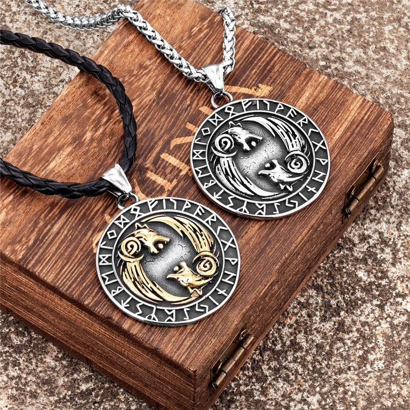 Never Fade Norse Wolf Necklace Men Stainless Steel Gold Color Vikings Rune Vegvisir Amulet Pendant Scandinavian Jewelry Gift New