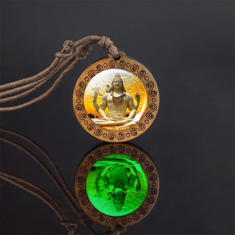 Glow In The Dark Buddha Necklace Indian Jewelry Hinduism God Brahma Vishnu Shiva Art Picture Wooden Pendant Necklace
