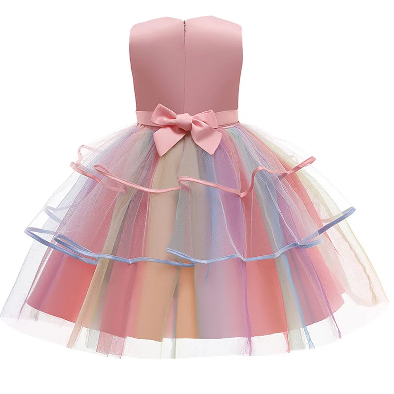 New 3pcs Baby Girls Dress Pastel Rainbow Princess For Summer Birthday Party Dress Unicorn Cosplay Perform Children Costume