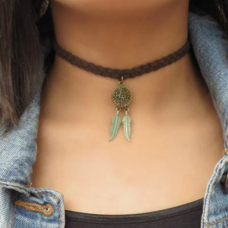 Choker Necklace Suede Choker Necklace Bohemian Feather Necklace Trendy Bohemian Feather Suede Choker Necklace