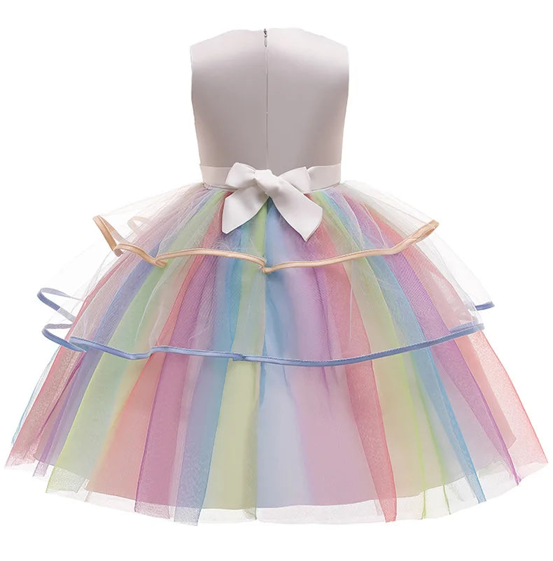 New 3pcs Baby Girls Dress Pastel Rainbow Princess For Summer Birthday Party Dress Unicorn Cosplay Perform Children Costume