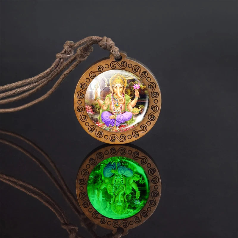 Glow In The Dark Buddha Necklace Indian Jewelry Hinduism God Brahma Vishnu Shiva Art Picture Wooden Pendant Necklace