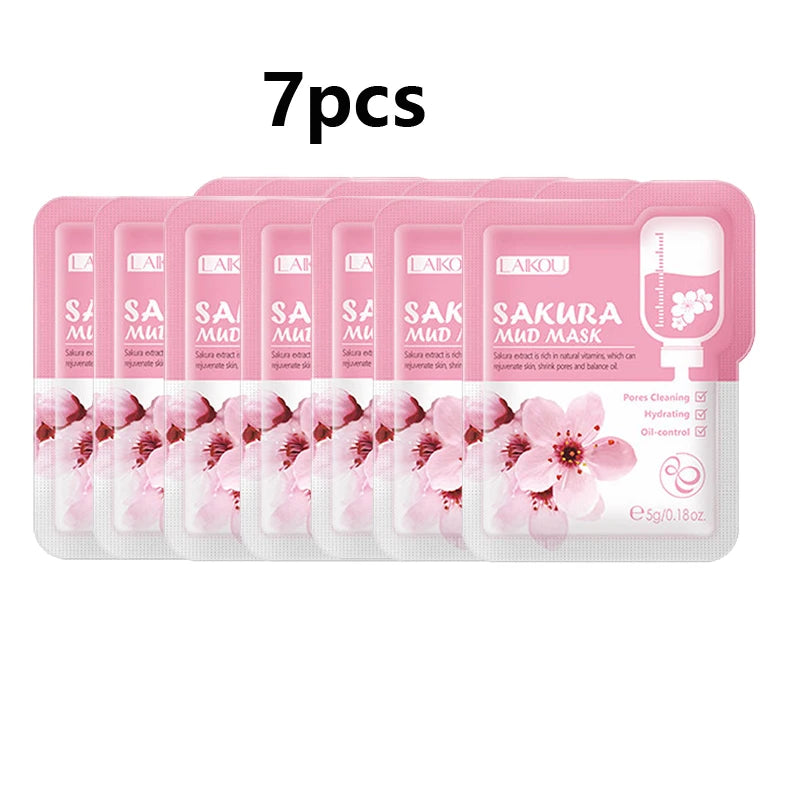 Mascarilla facial de barro Sakura japonesa (7 unidades), limpieza profunda, elimina puntos negros, control de grasa, mascarilla de arcilla, hidratante, cuidado facial.