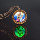 Glow In The Dark Buddha Necklace Indian Jewelry Hinduism God Brahma Vishnu Shiva Art Picture Wooden Pendant Necklace