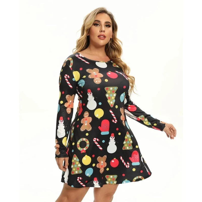 Christmas Mini Dresses For Women Fashion Christmas Trees Print Long Sleeve Loose Dress 2022 New Year Autumn Ladies Party Dress