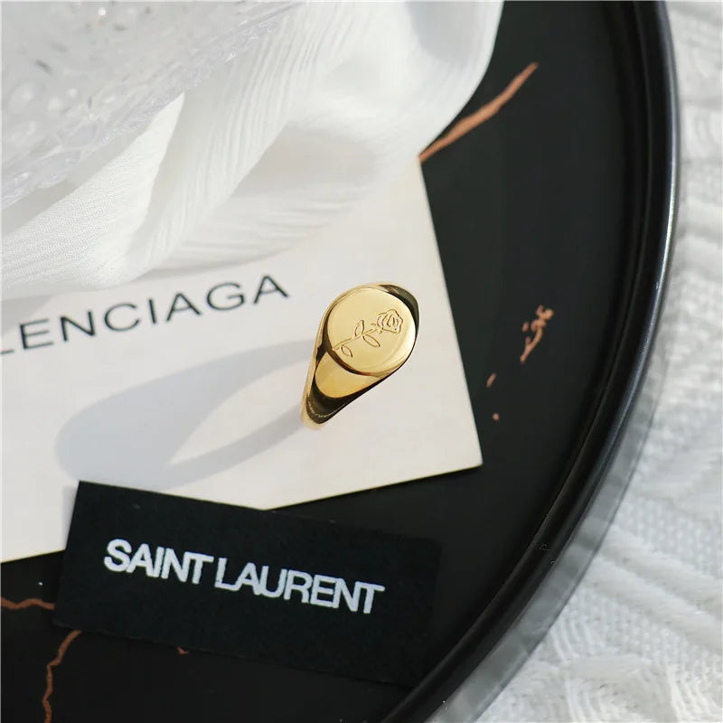 Gold-plated Engrave Rosette Rings Stainless Steel Fashion Personality 18k Gold European Christmas Simple Rings Jewelry Women