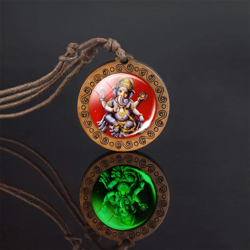 Glow In The Dark Buddha Necklace Indian Jewelry Hinduism God Brahma Vishnu Shiva Art Picture Wooden Pendant Necklace